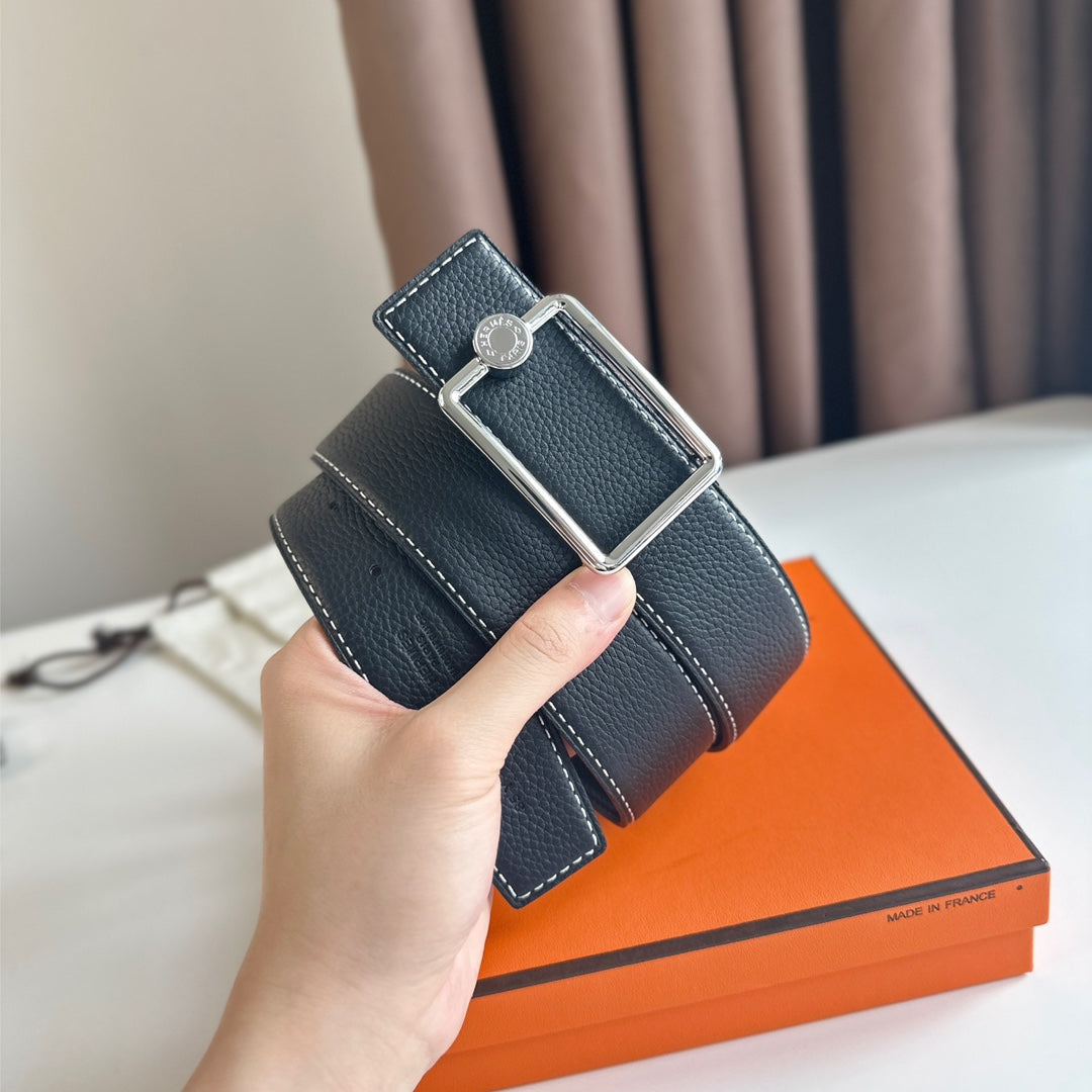 HERMES OSCAR BELT BUCKLE & REVERSIBLE BLACK LEATHER STRAP 38MM SILVER HARDWARE