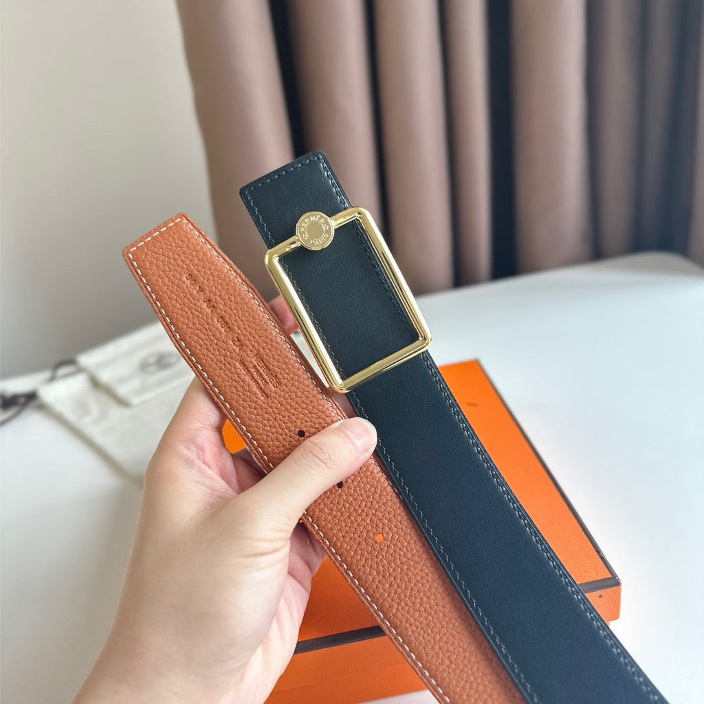 HERMES OSCAR BELT BUCKLE & REVERSIBLE YAM ORANGE AND BLACK LEATHER STRAP 38MM GOLD HARDWARE