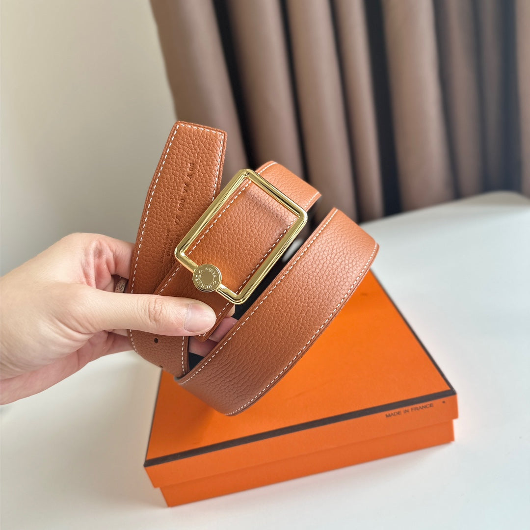 HERMES OSCAR BELT BUCKLE & REVERSIBLE YAM ORANGE AND BLACK LEATHER STRAP 38MM GOLD HARDWARE