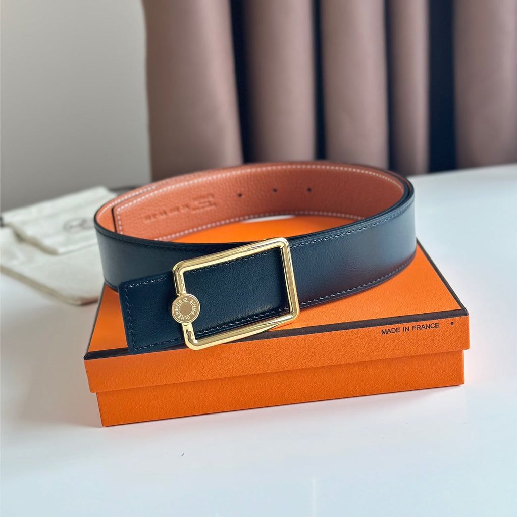 HERMES OSCAR BELT BUCKLE & REVERSIBLE YAM ORANGE AND BLACK LEATHER STRAP 38MM GOLD HARDWARE