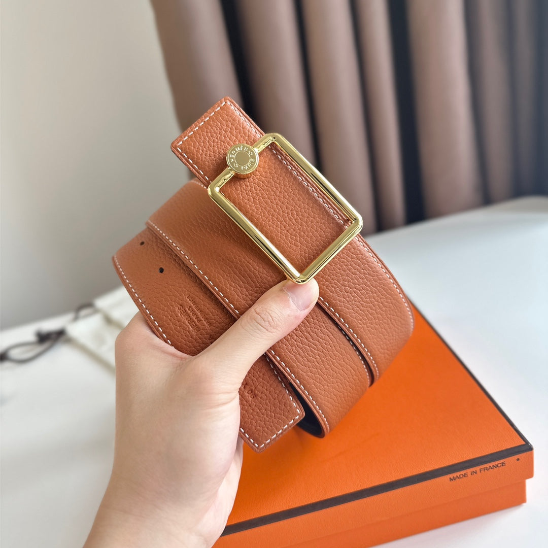 HERMES OSCAR BELT BUCKLE & REVERSIBLE YAM ORANGE AND BLACK LEATHER STRAP 38MM GOLD HARDWARE