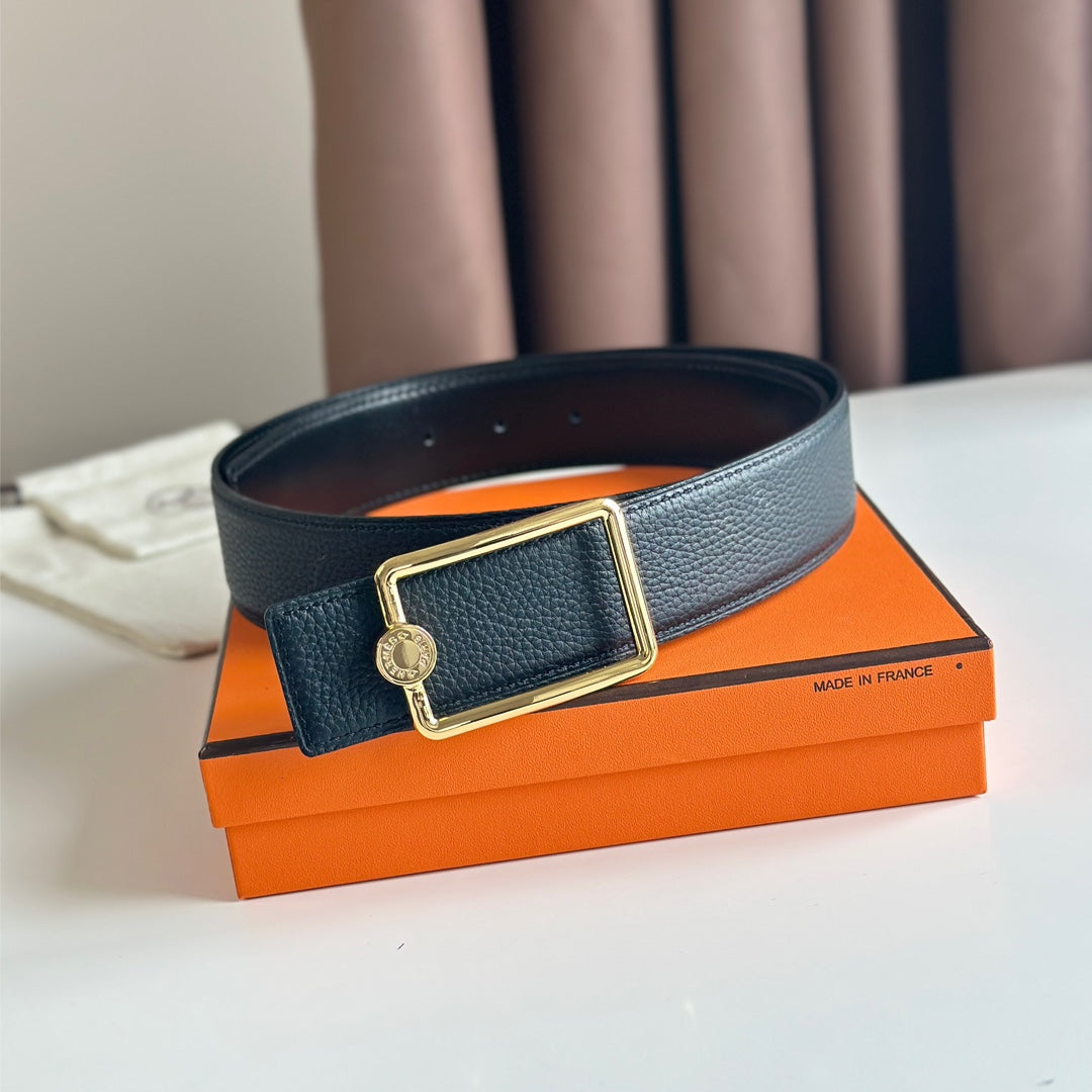 HERMES OSCAR BELT BUCKLE & REVERSIBLE BLACK LEATHER STRAP 38MM GOLD HARDWARE