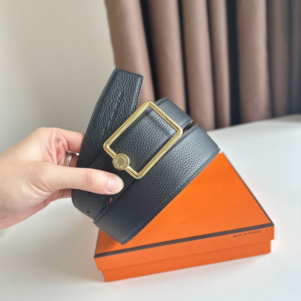 HERMES OSCAR BELT BUCKLE & REVERSIBLE BLACK LEATHER STRAP 38MM GOLD HARDWARE