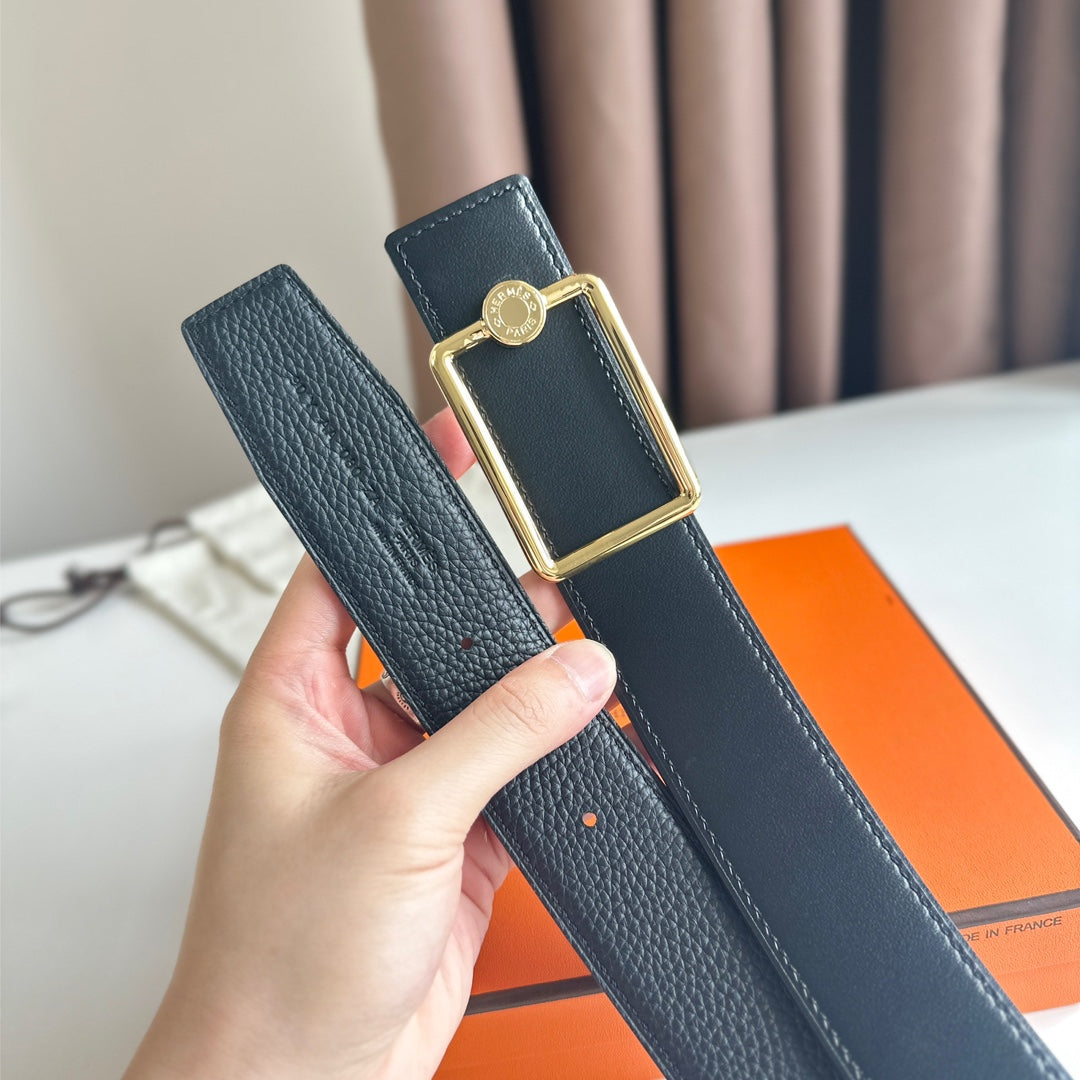 HERMES OSCAR BELT BUCKLE & REVERSIBLE BLACK LEATHER STRAP 38MM GOLD HARDWARE