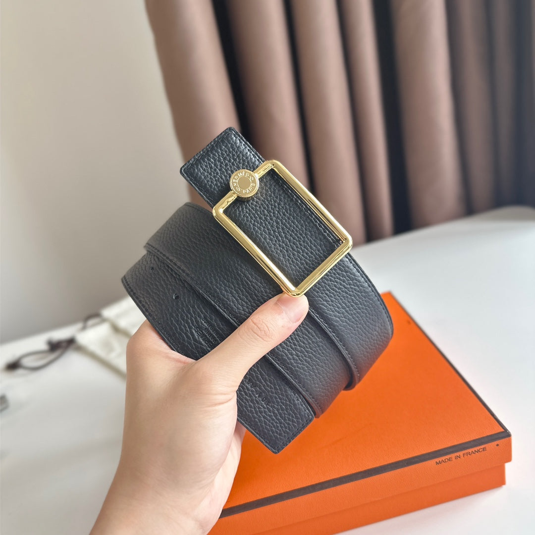HERMES OSCAR BELT BUCKLE & REVERSIBLE BLACK LEATHER STRAP 38MM GOLD HARDWARE