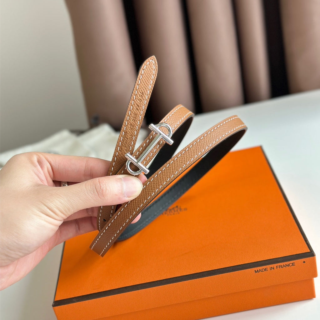 HERMES GAMMA BUCKLE & REVERSIBLE BRONZE BROWN AND BLACK LEATHER STRAP 13MM SILVER HARDWARE