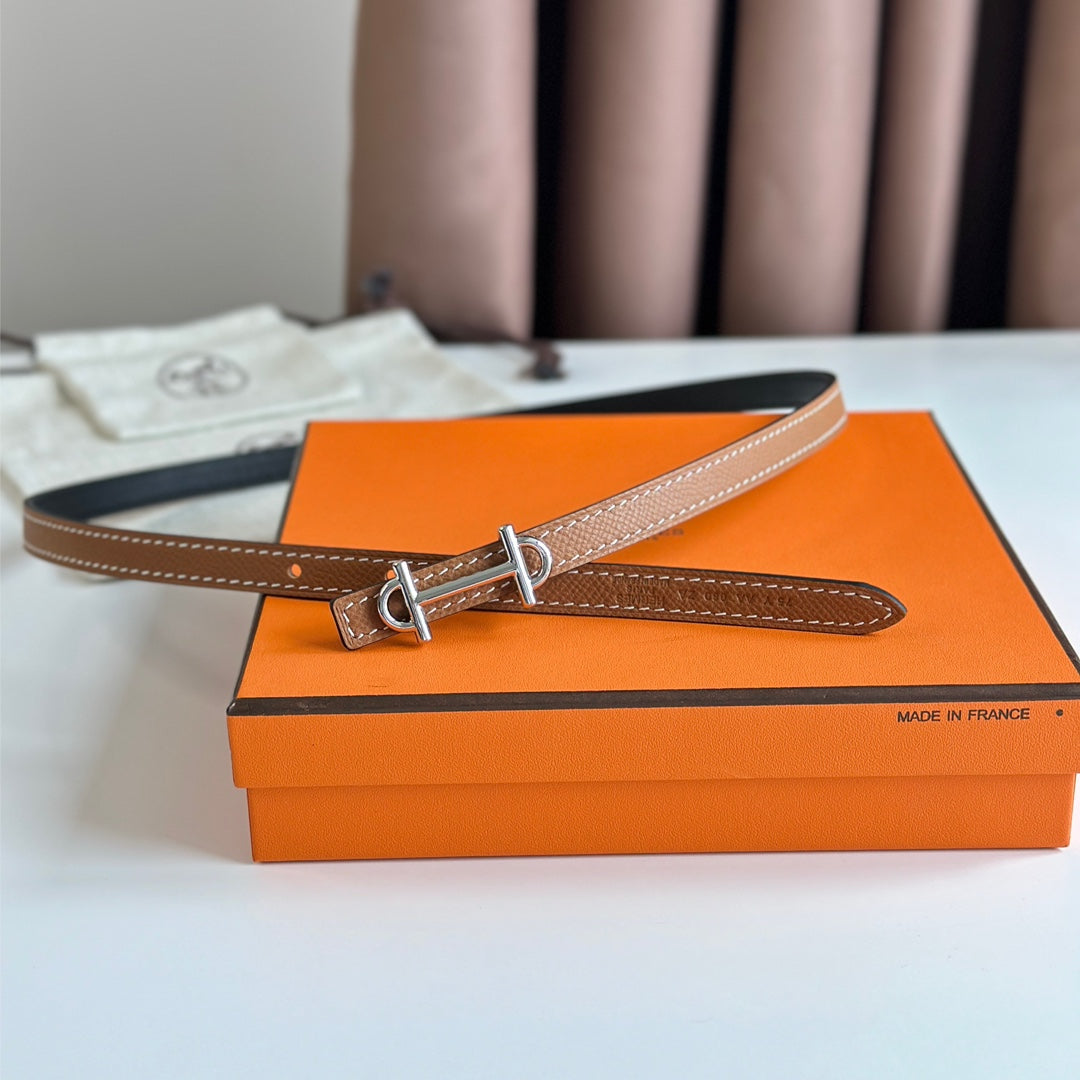 HERMES GAMMA BUCKLE & REVERSIBLE BRONZE BROWN AND BLACK LEATHER STRAP 13MM SILVER HARDWARE