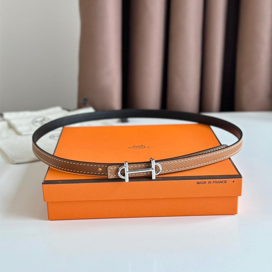 HERMES GAMMA BUCKLE & REVERSIBLE BRONZE BROWN AND BLACK LEATHER STRAP 13MM SILVER HARDWARE
