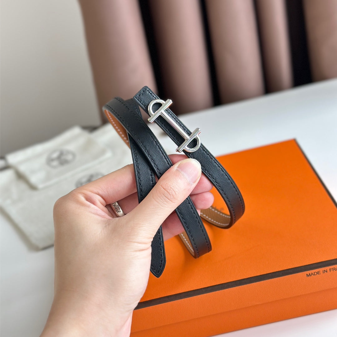 HERMES GAMMA BUCKLE & REVERSIBLE BRONZE BROWN AND BLACK LEATHER STRAP 13MM SILVER HARDWARE
