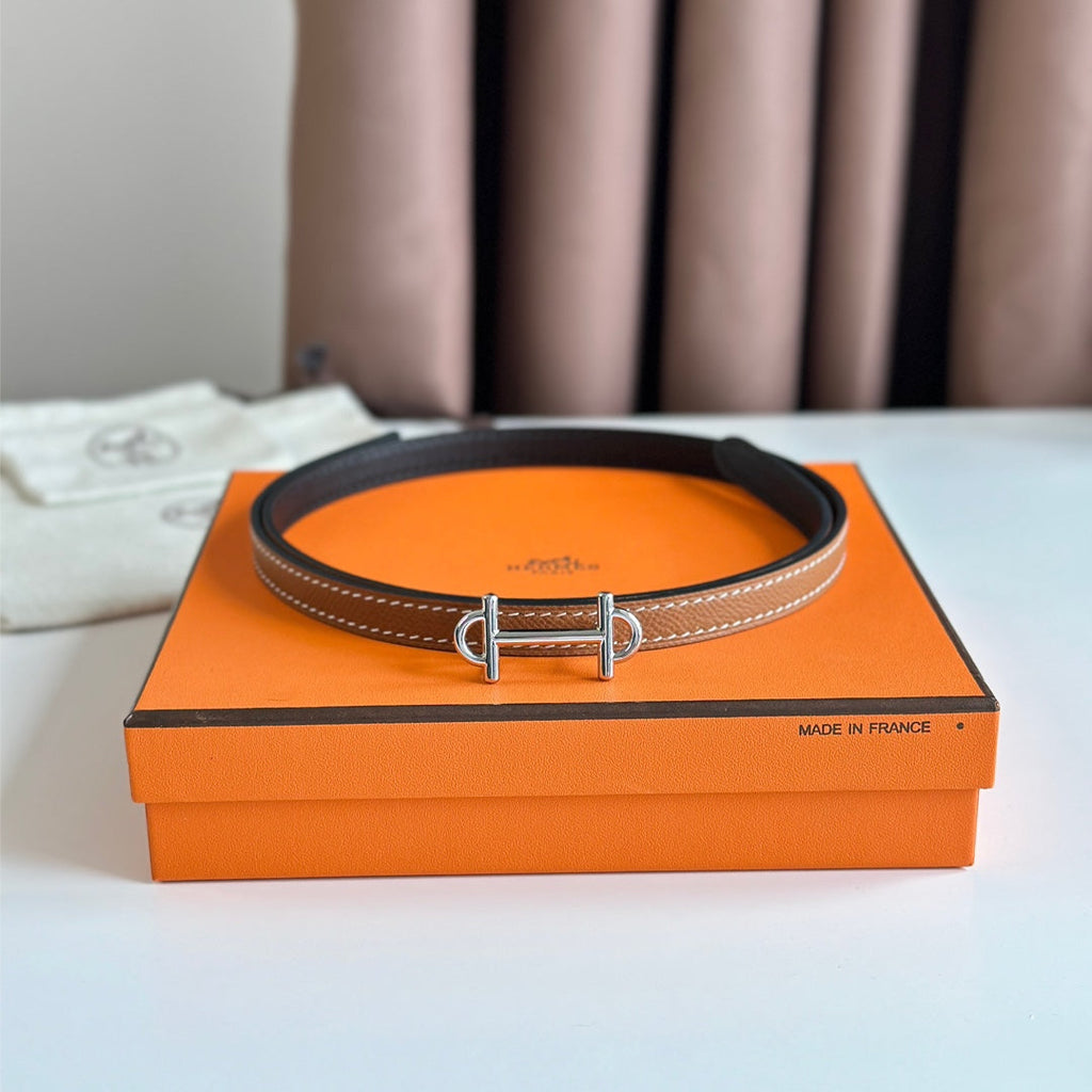 HERMES GAMMA BUCKLE & REVERSIBLE BRONZE BROWN AND BLACK LEATHER STRAP 13MM SILVER HARDWARE