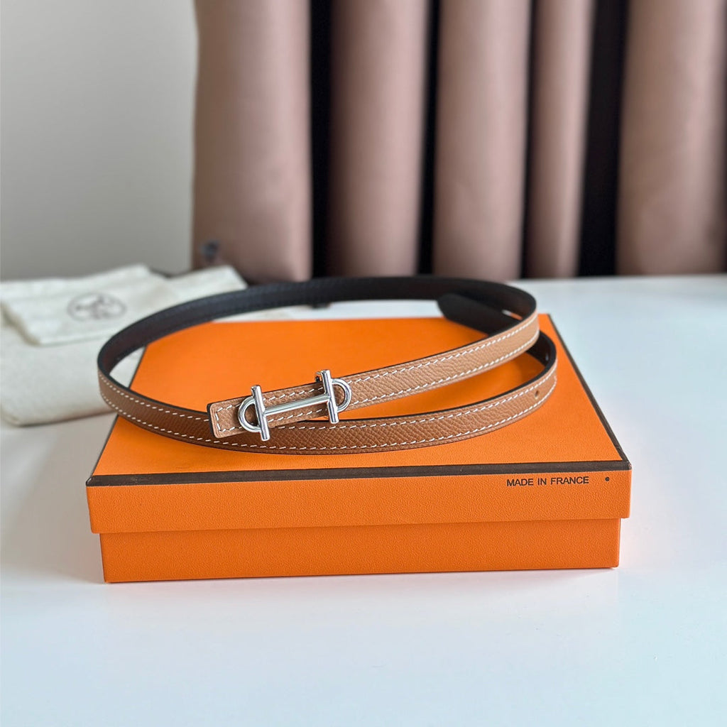 HERMES GAMMA BUCKLE & REVERSIBLE BRONZE BROWN AND BLACK LEATHER STRAP 13MM SILVER HARDWARE