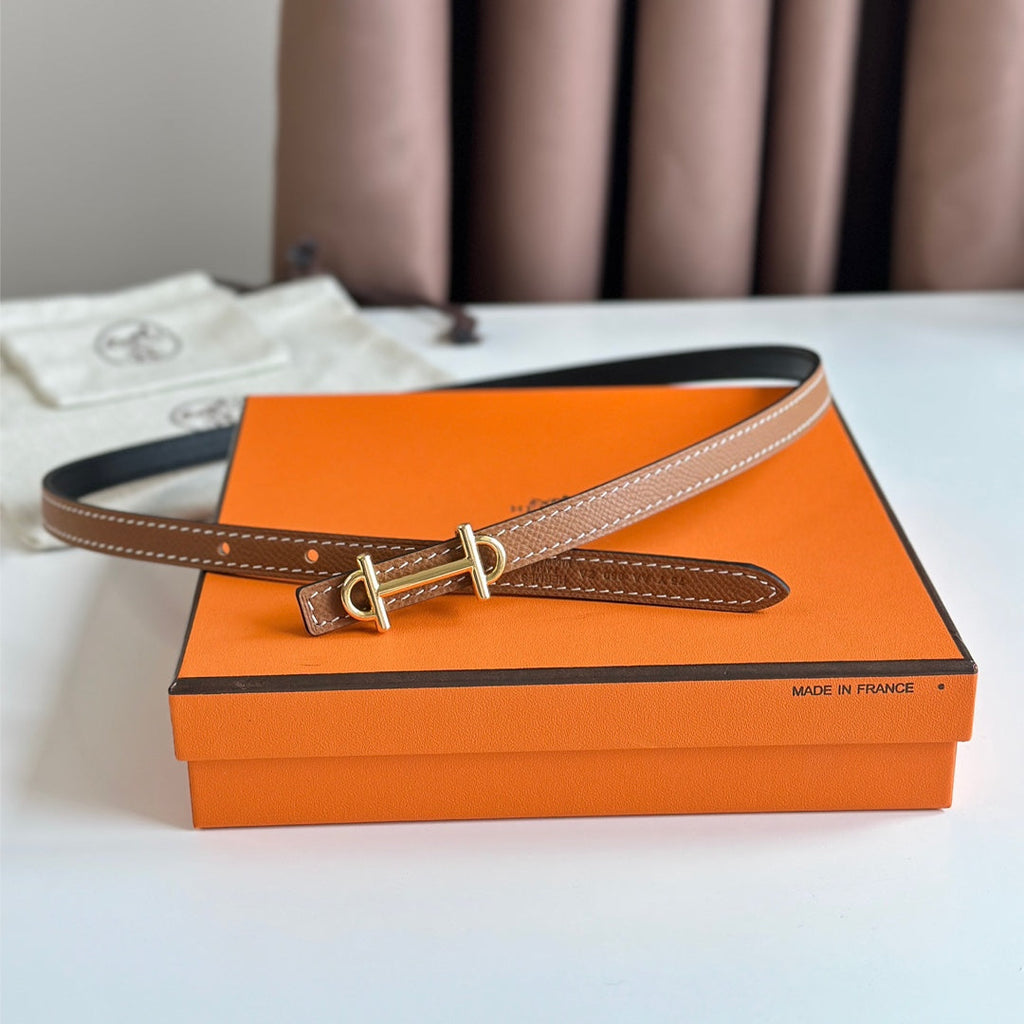 HERMES GAMMA BUCKLE & REVERSIBLE BRONZE BROWN AND BLACK LEATHER STRAP 13MM GOLD HARDWARE