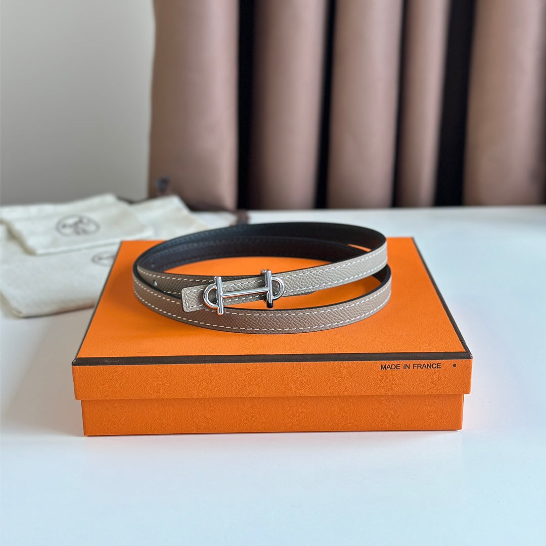 HERMES GAMMA BUCKLE & REVERSIBLE KHAKI BROWN AND BLACK LEATHER STRAP 13MM SILVER HARDWARE