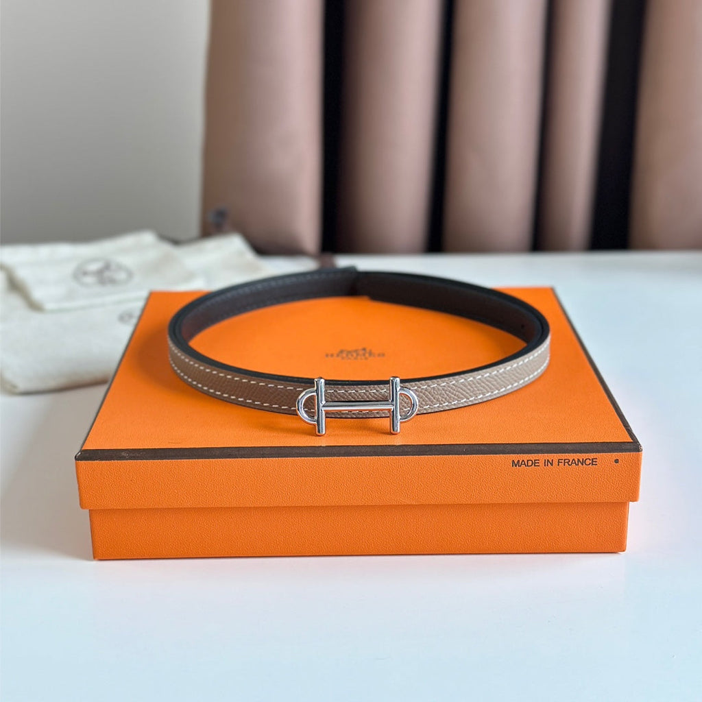 HERMES GAMMA BUCKLE & REVERSIBLE KHAKI BROWN AND BLACK LEATHER STRAP 13MM SILVER HARDWARE