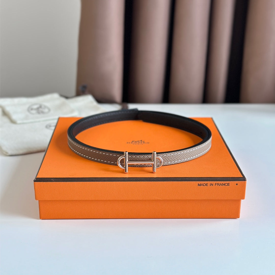 HERMES GAMMA BUCKLE & REVERSIBLE KHAKI BROWN AND BLACK LEATHER STRAP 13MM COPPER HARDWARE