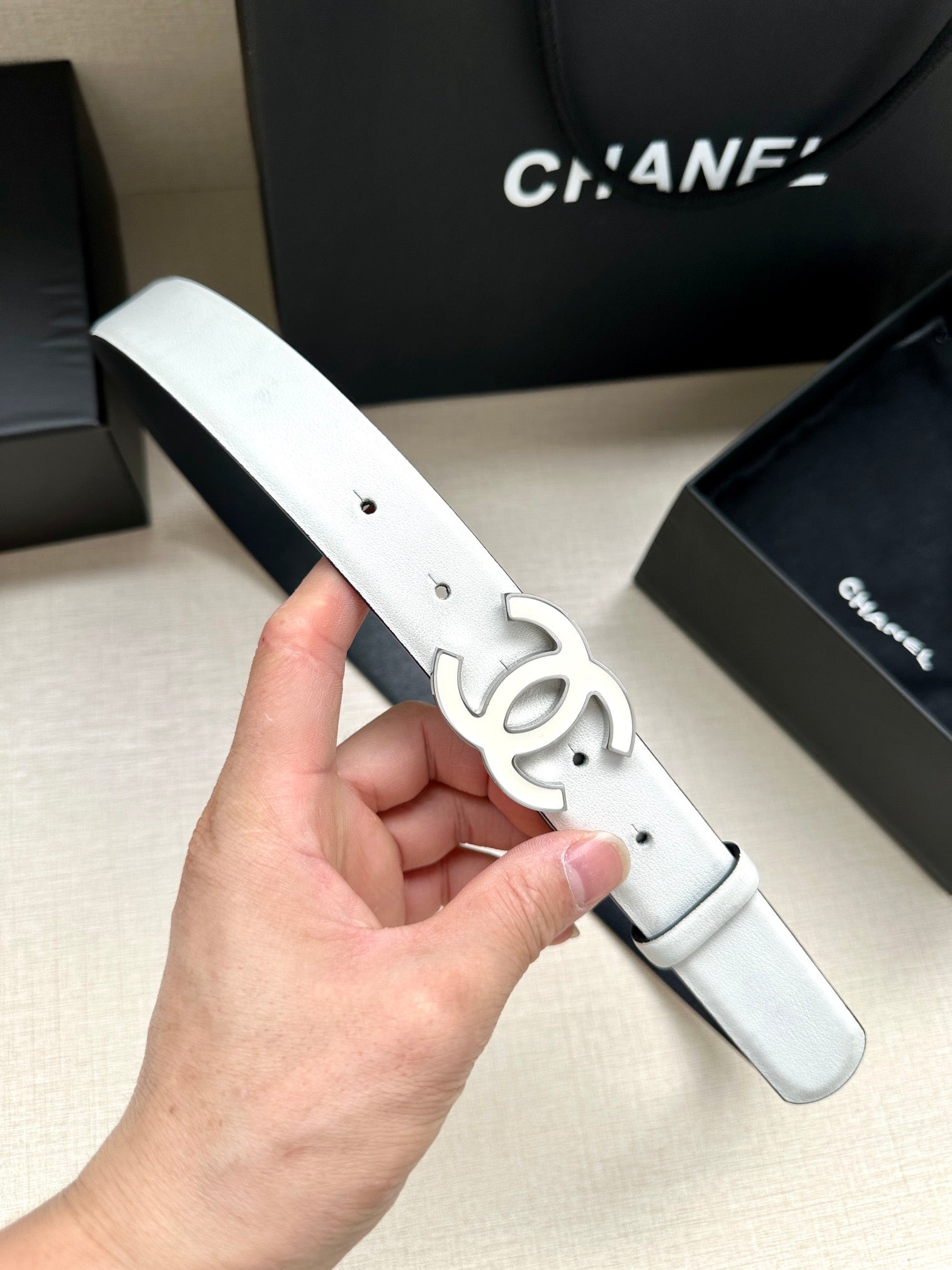 CHANEL 30MM BELT IN FULL WHITE SMOOTH CALFSKIN METAL HARDWARE