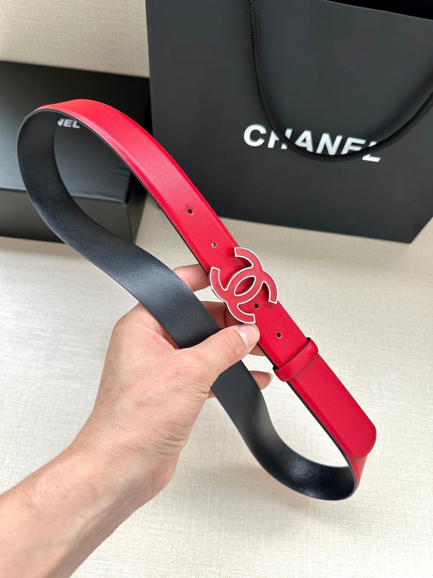 CHANEL 30MM BELT IN CHERRY RED SMOOTH CALFSKIN METAL HARDWARE