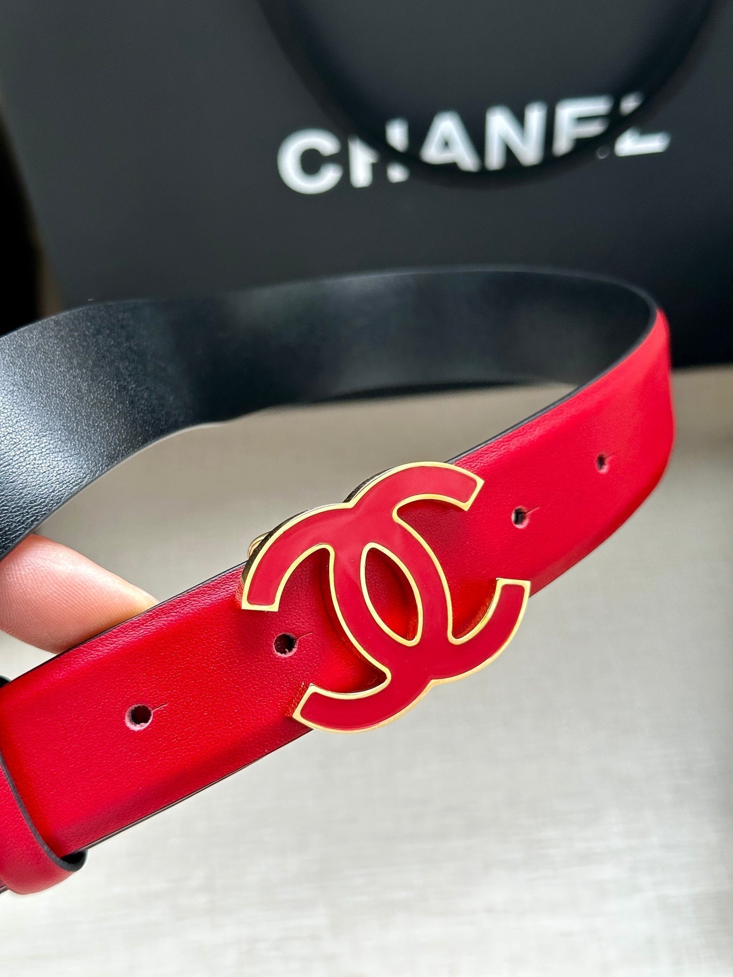 CHANEL 30MM BELT IN CHERRY RED SMOOTH CALFSKIN METAL HARDWARE