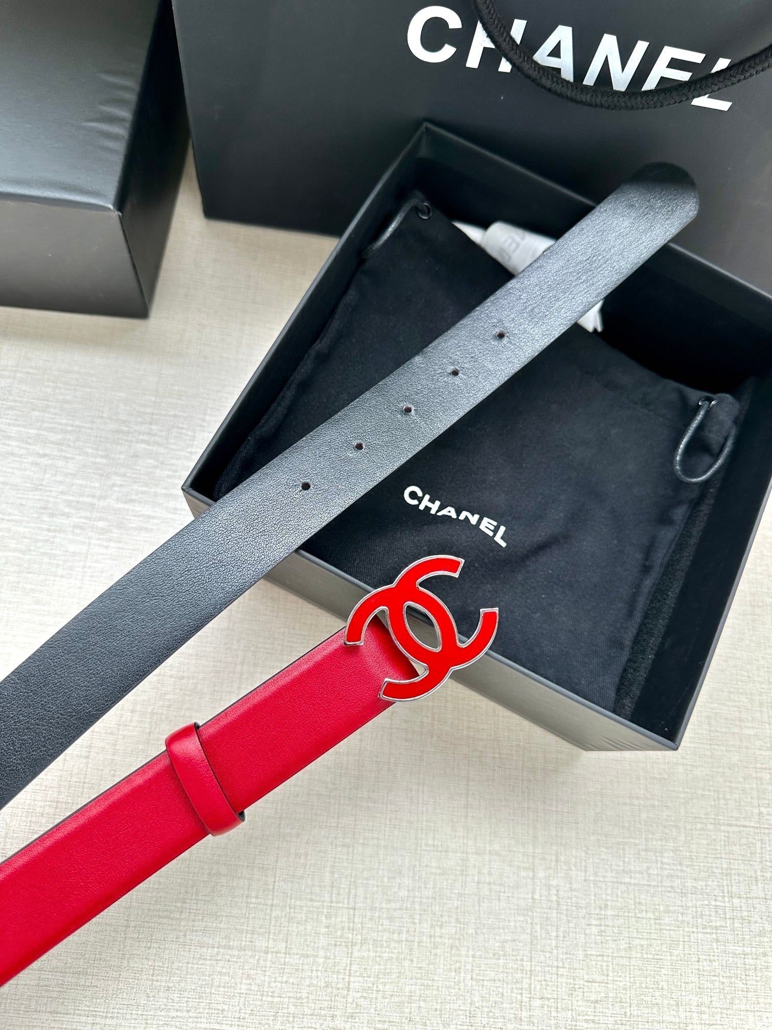 CHANEL 30MM BELT IN CHERRY RED SMOOTH CALFSKIN METAL HARDWARE