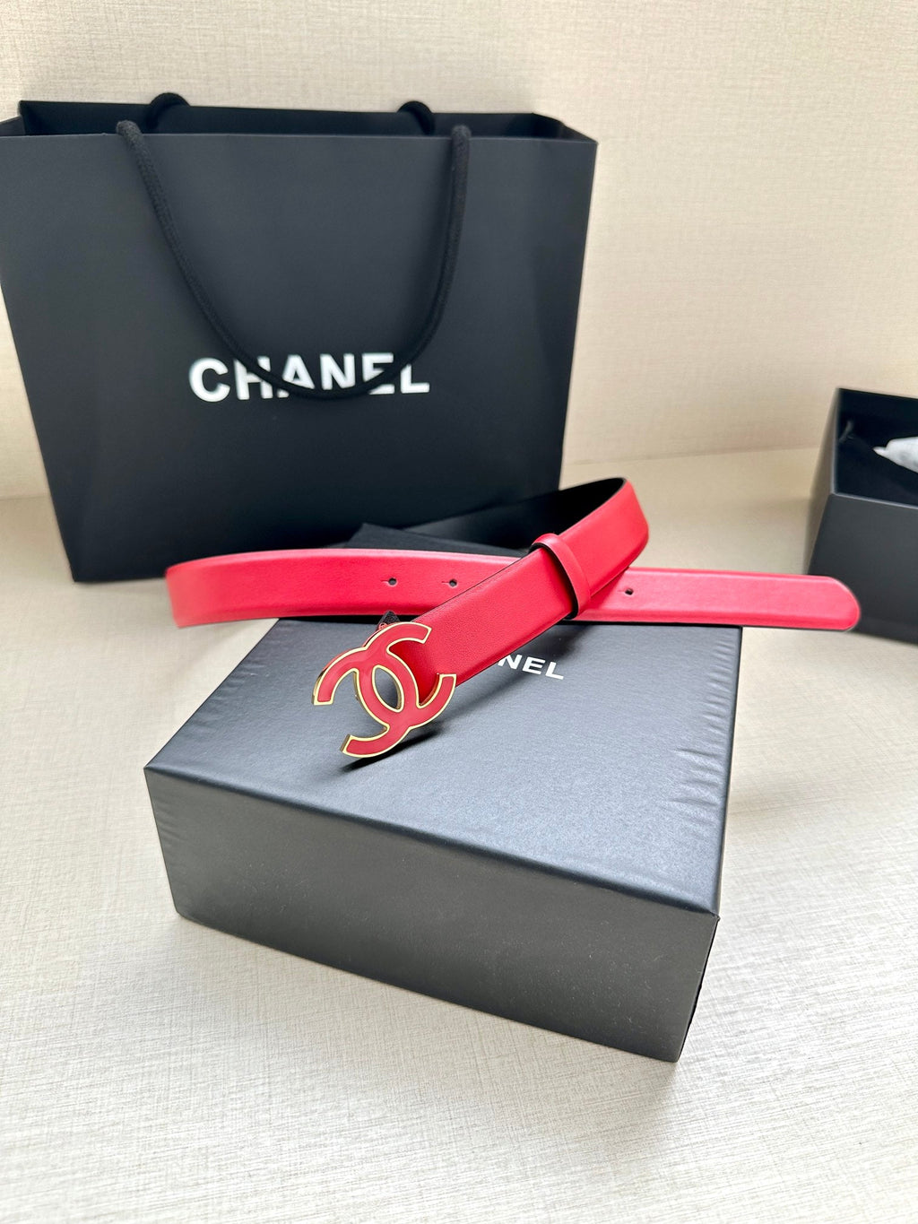 CHANEL 30MM BELT IN CHERRY RED SMOOTH CALFSKIN METAL HARDWARE