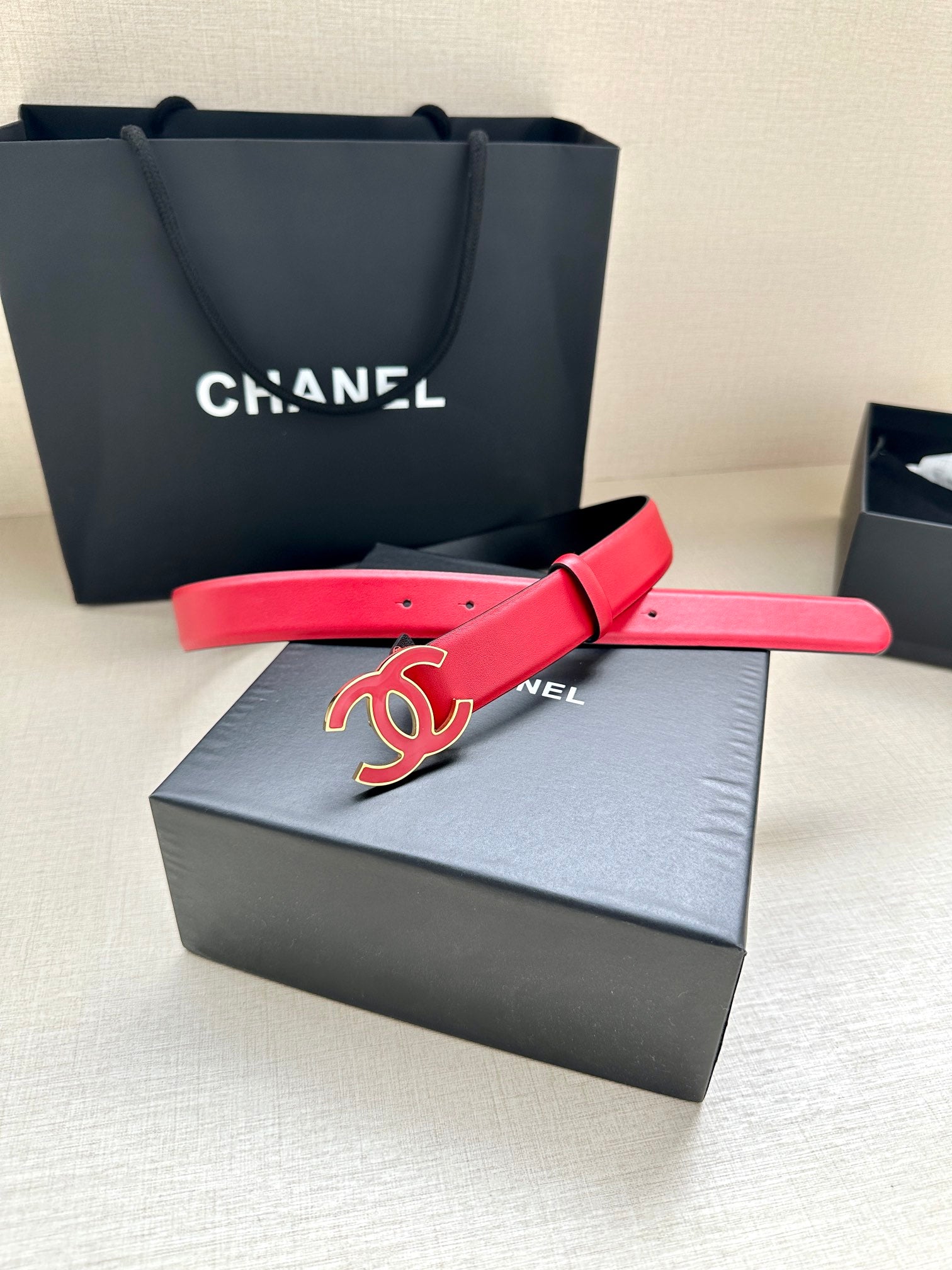 CHANEL 30MM BELT IN CHERRY RED SMOOTH CALFSKIN METAL HARDWARE