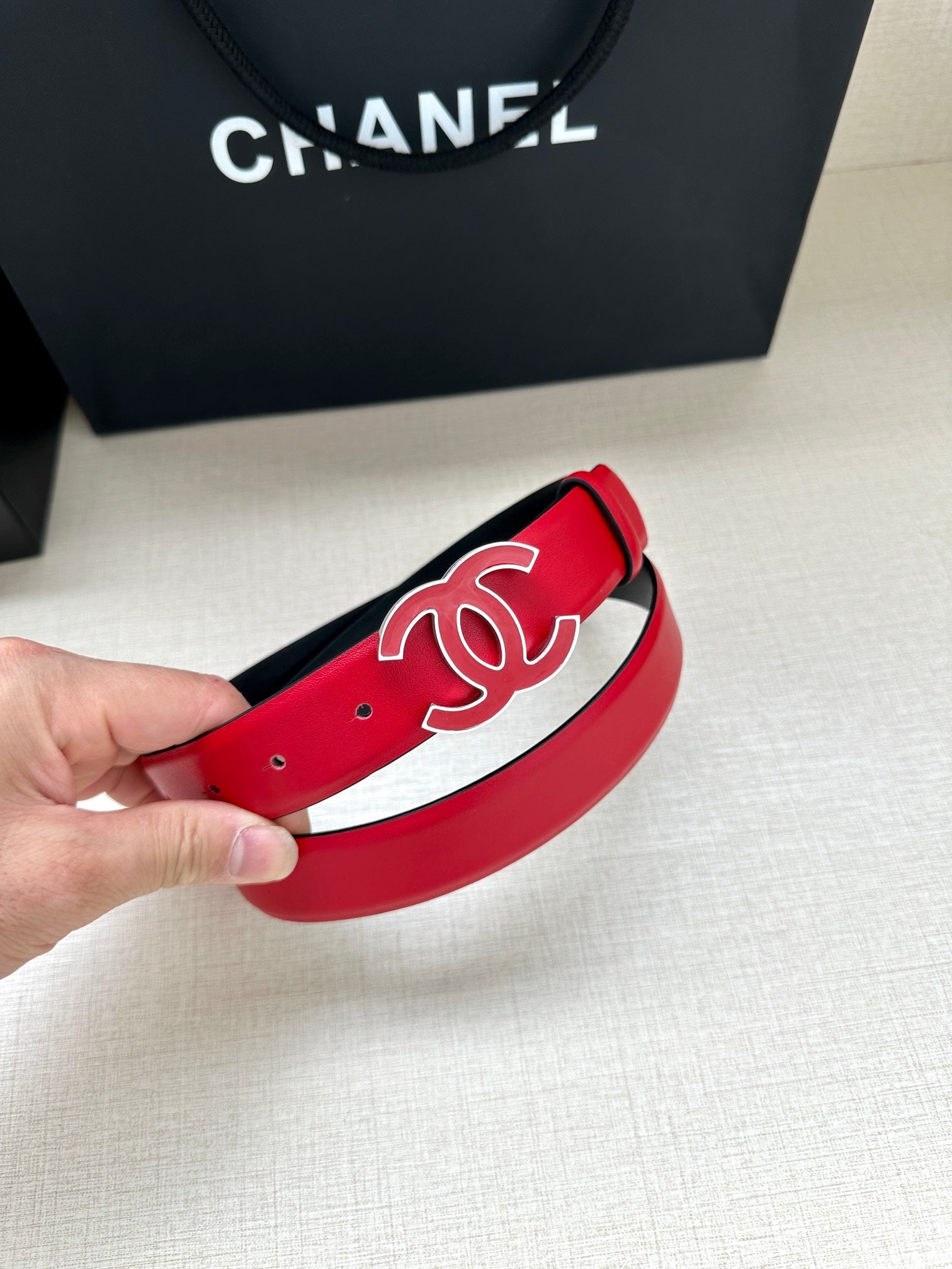 CHANEL 30MM BELT IN CHERRY RED SMOOTH CALFSKIN METAL HARDWARE
