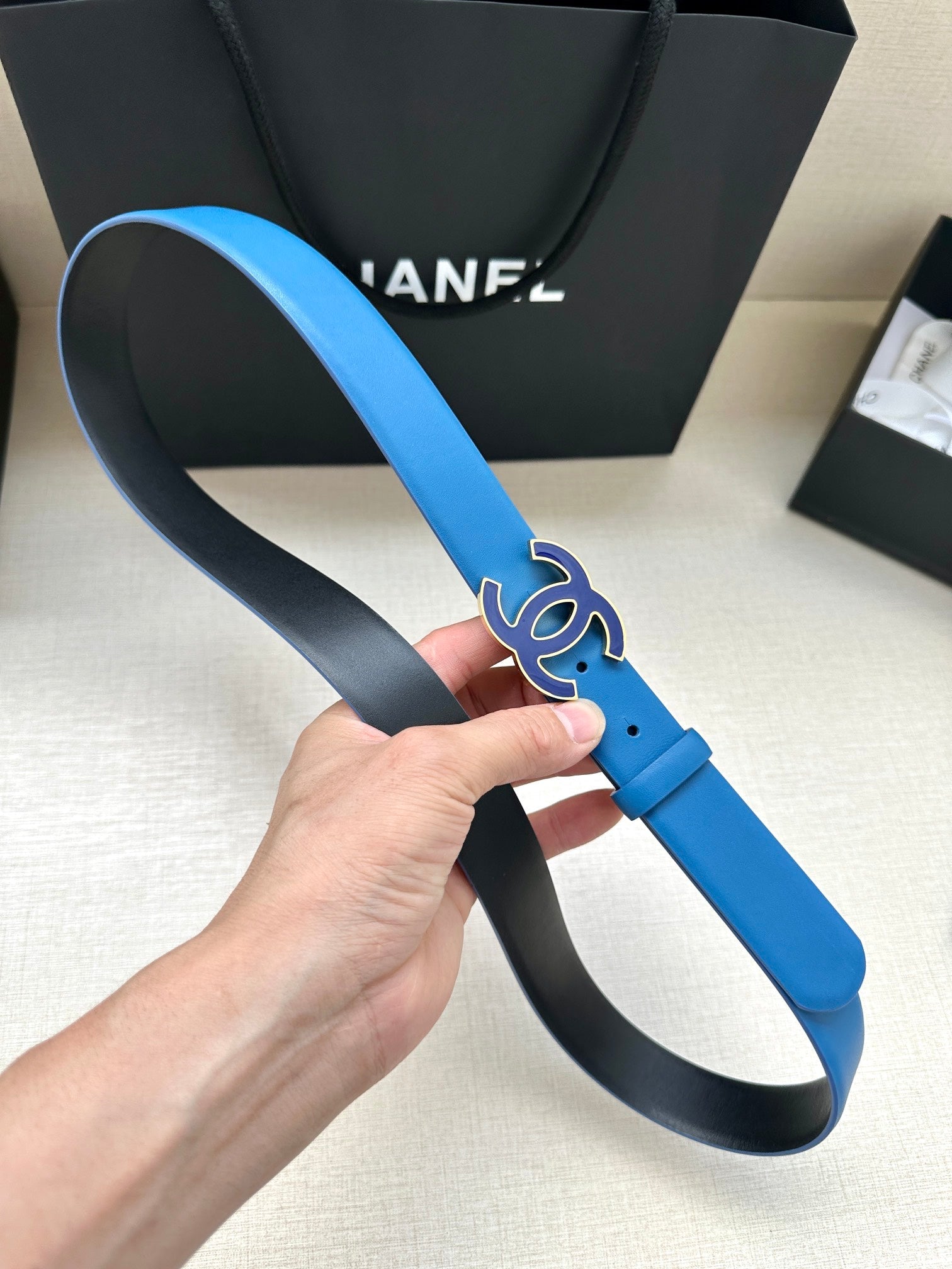 CHANEL 30MM BELT IN COBALT BLUE SMOOTH CALFSKIN METAL HARDWARE