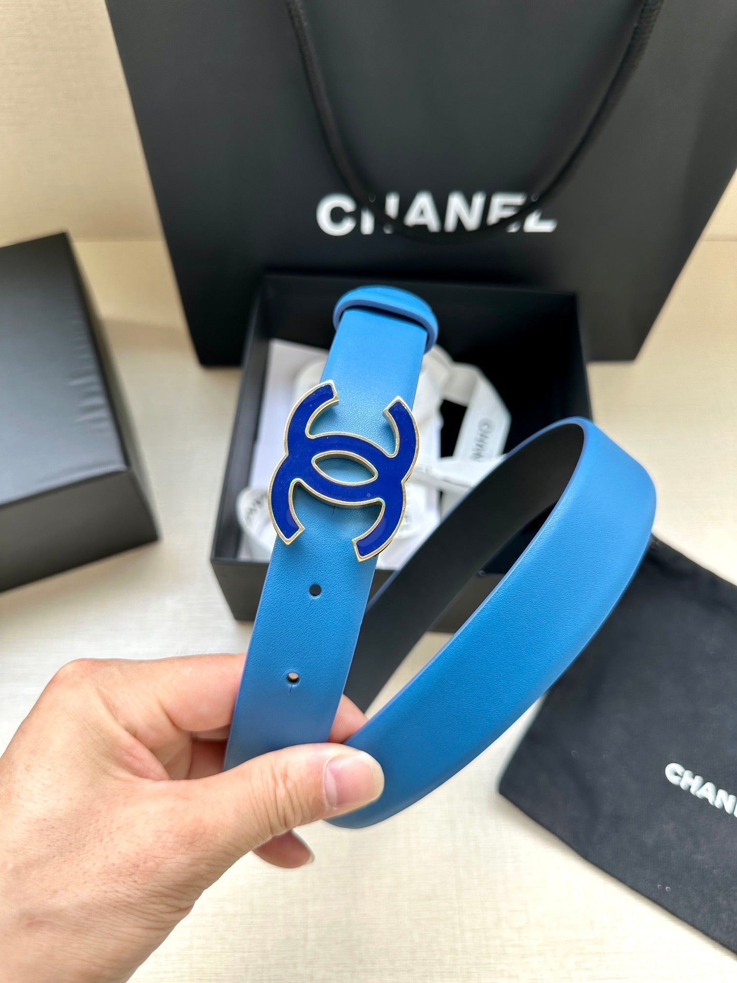 CHANEL 30MM BELT IN COBALT BLUE SMOOTH CALFSKIN METAL HARDWARE