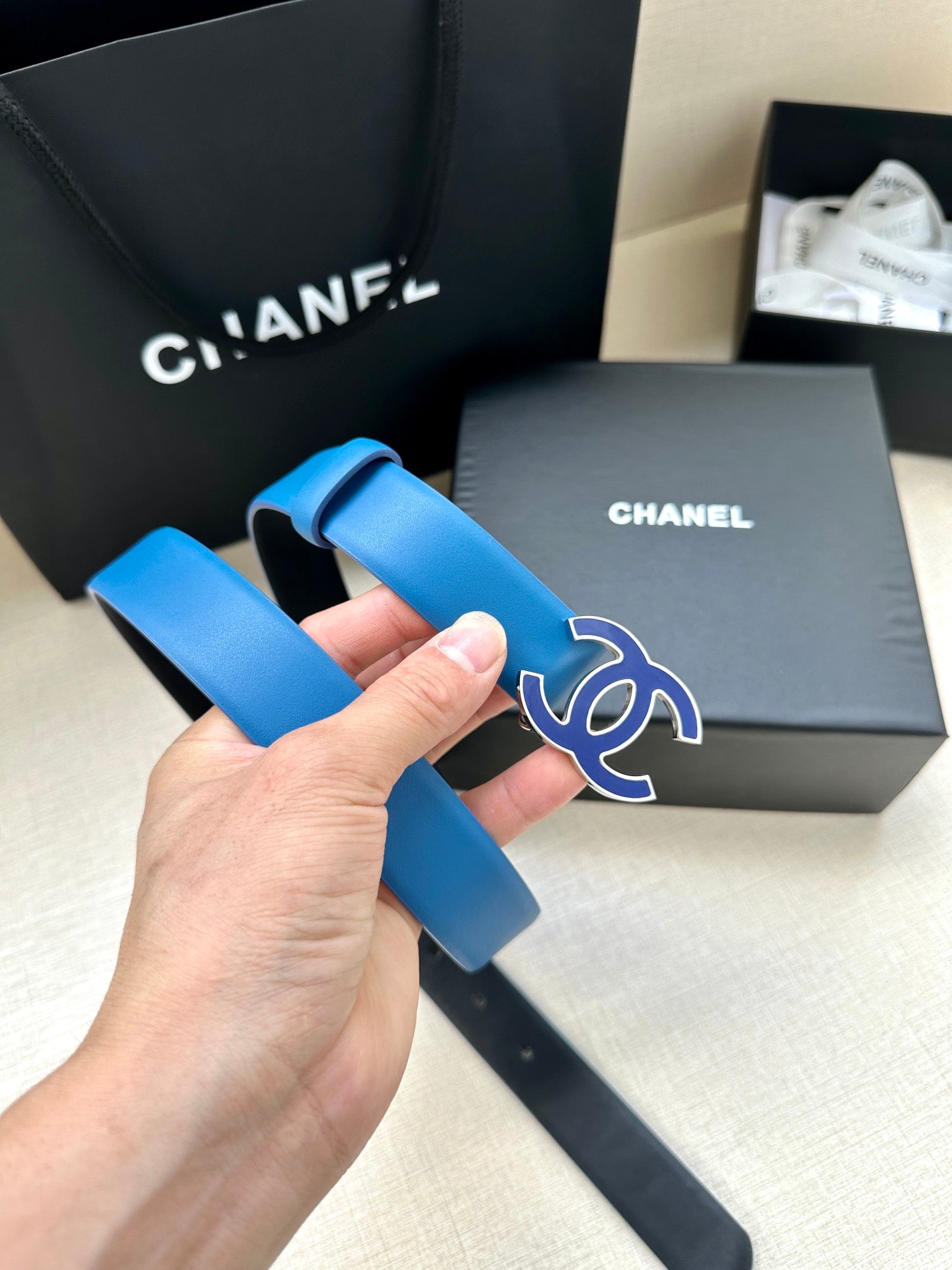 CHANEL 30MM BELT IN COBALT BLUE SMOOTH CALFSKIN METAL HARDWARE