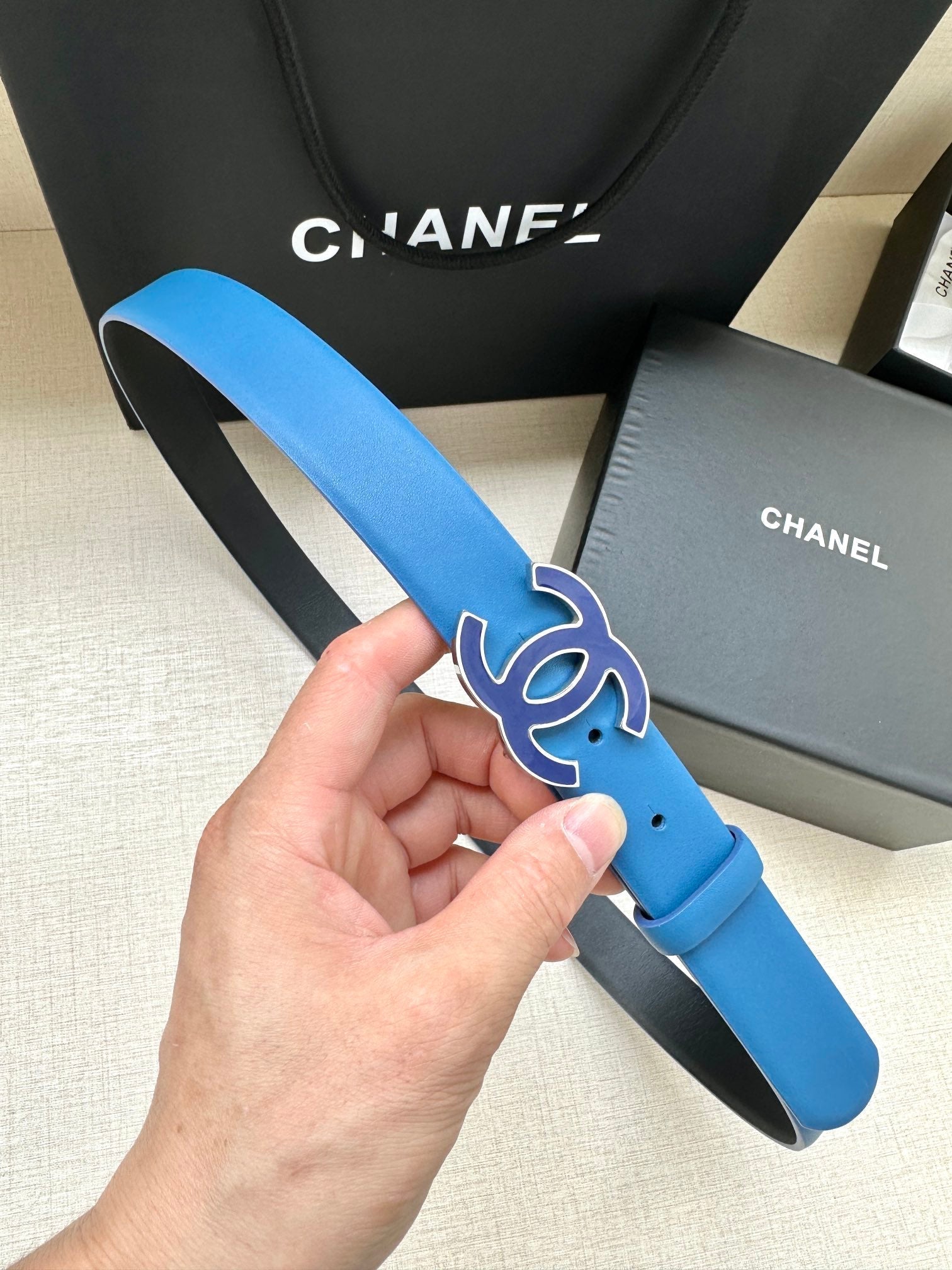 CHANEL 30MM BELT IN COBALT BLUE SMOOTH CALFSKIN METAL HARDWARE