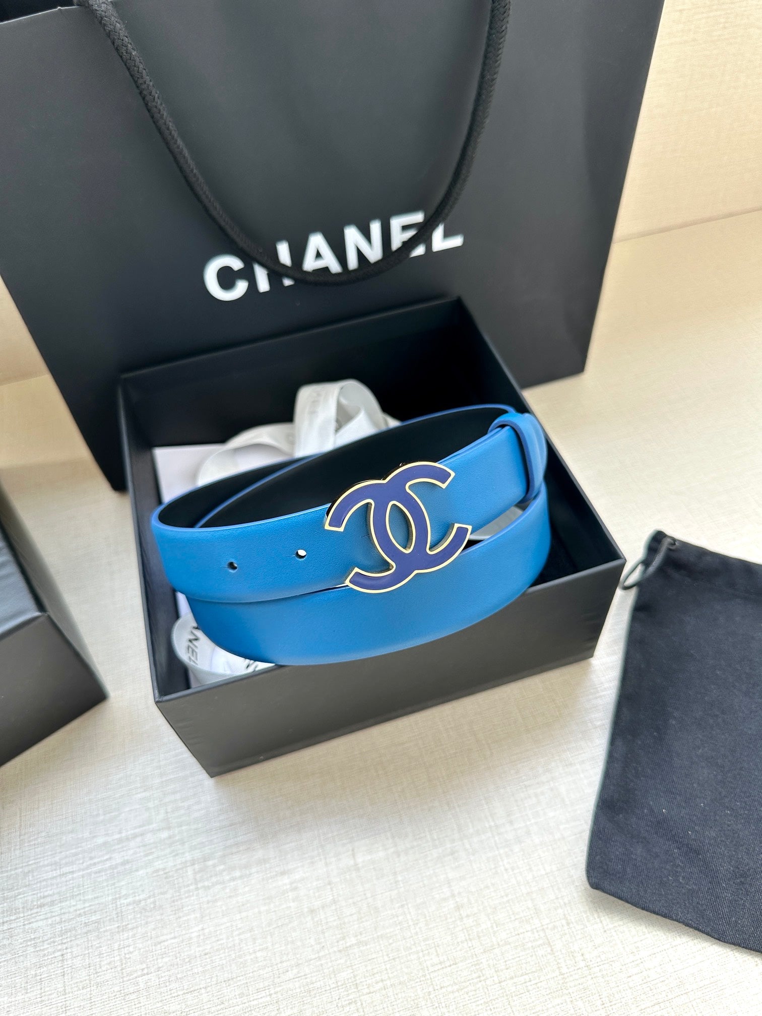 CHANEL 30MM BELT IN COBALT BLUE SMOOTH CALFSKIN METAL HARDWARE