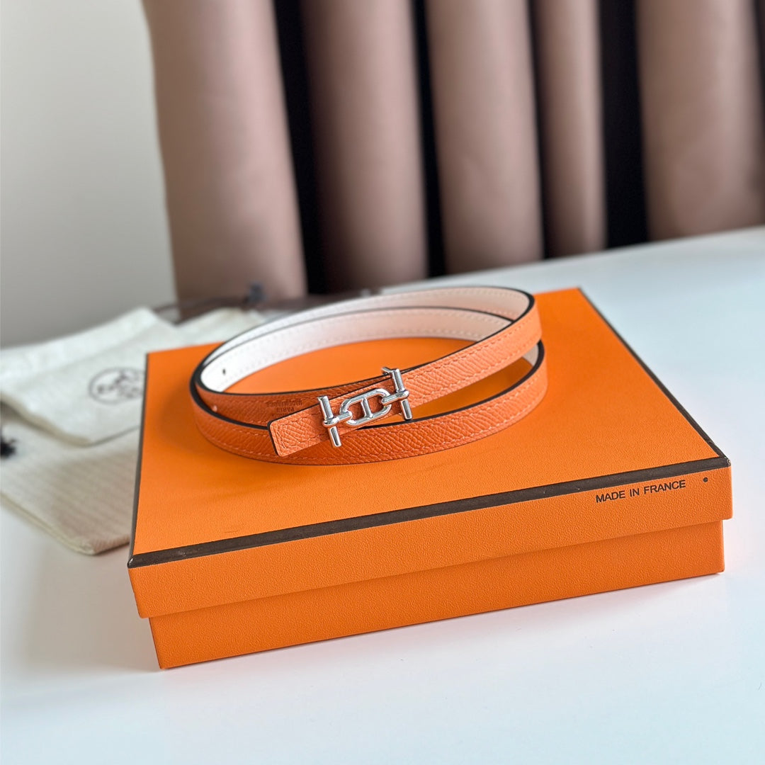 HERMES ANCRE BUCKLE & REVERSIBLE WHITE AND ORANGE LEATHER STRAP 13MM SILVER HARDWARE