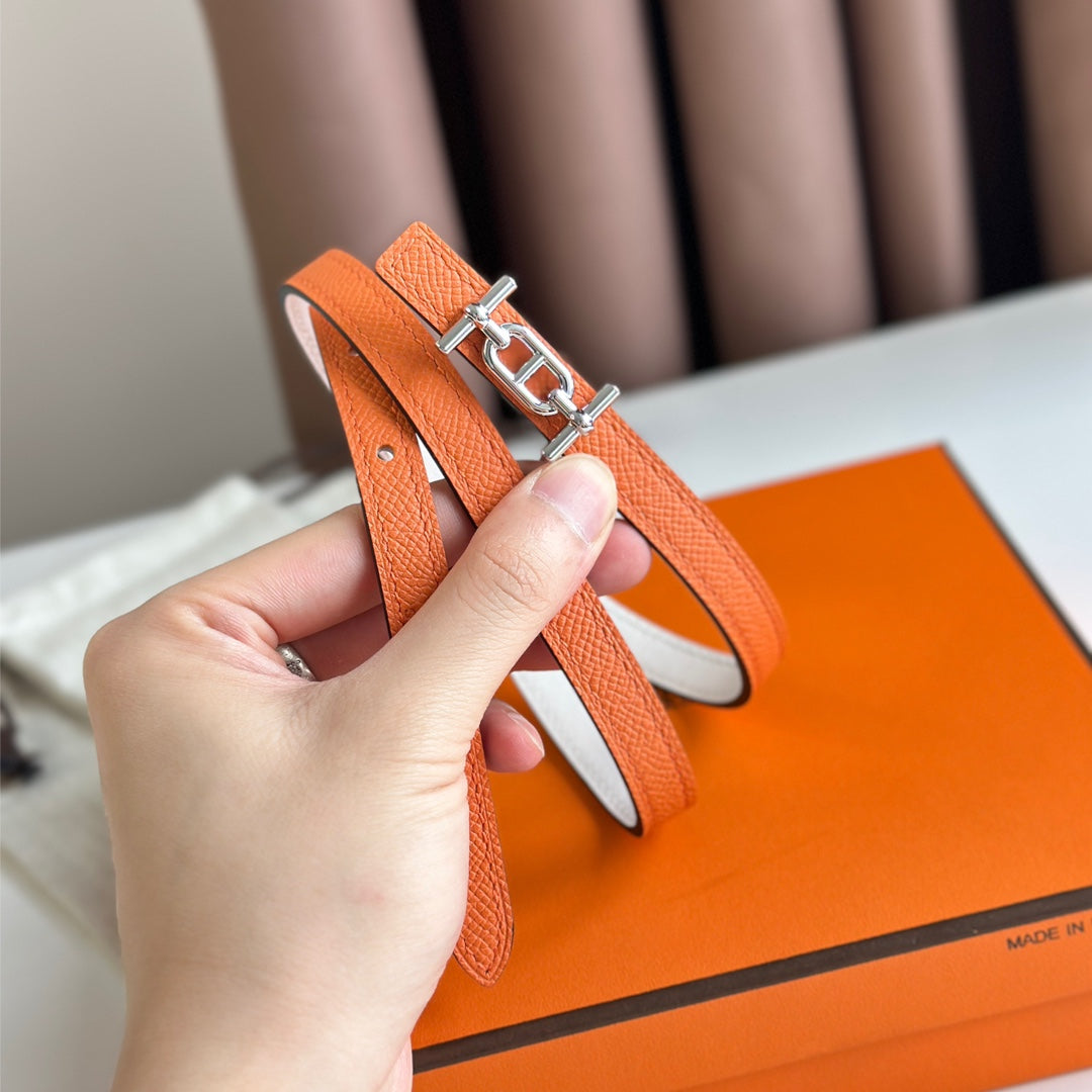 HERMES ANCRE BUCKLE & REVERSIBLE WHITE AND ORANGE LEATHER STRAP 13MM SILVER HARDWARE
