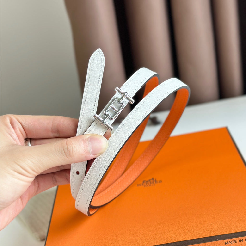 HERMES ANCRE BUCKLE & REVERSIBLE WHITE AND ORANGE LEATHER STRAP 13MM SILVER HARDWARE