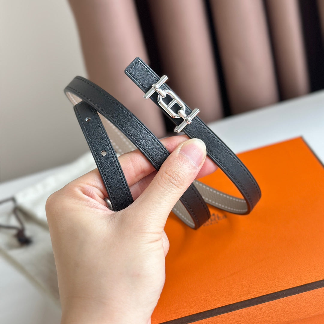 HERMES ANCRE BUCKLE & REVERSIBLE BLACK AND KHAKI BROWN LEATHER STRAP 13MM SILVER HARDWARE