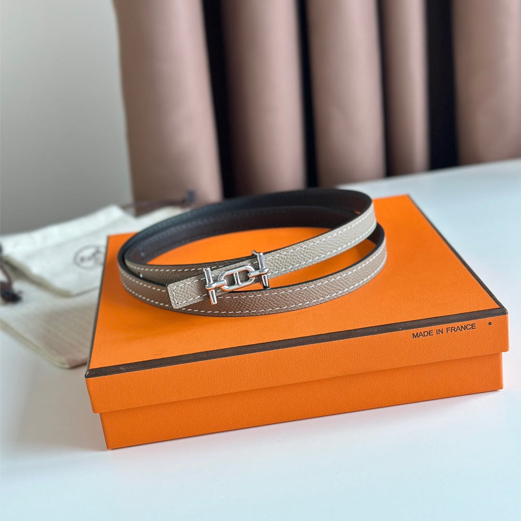 HERMES ANCRE BUCKLE & REVERSIBLE BLACK AND KHAKI BROWN LEATHER STRAP 13MM SILVER HARDWARE