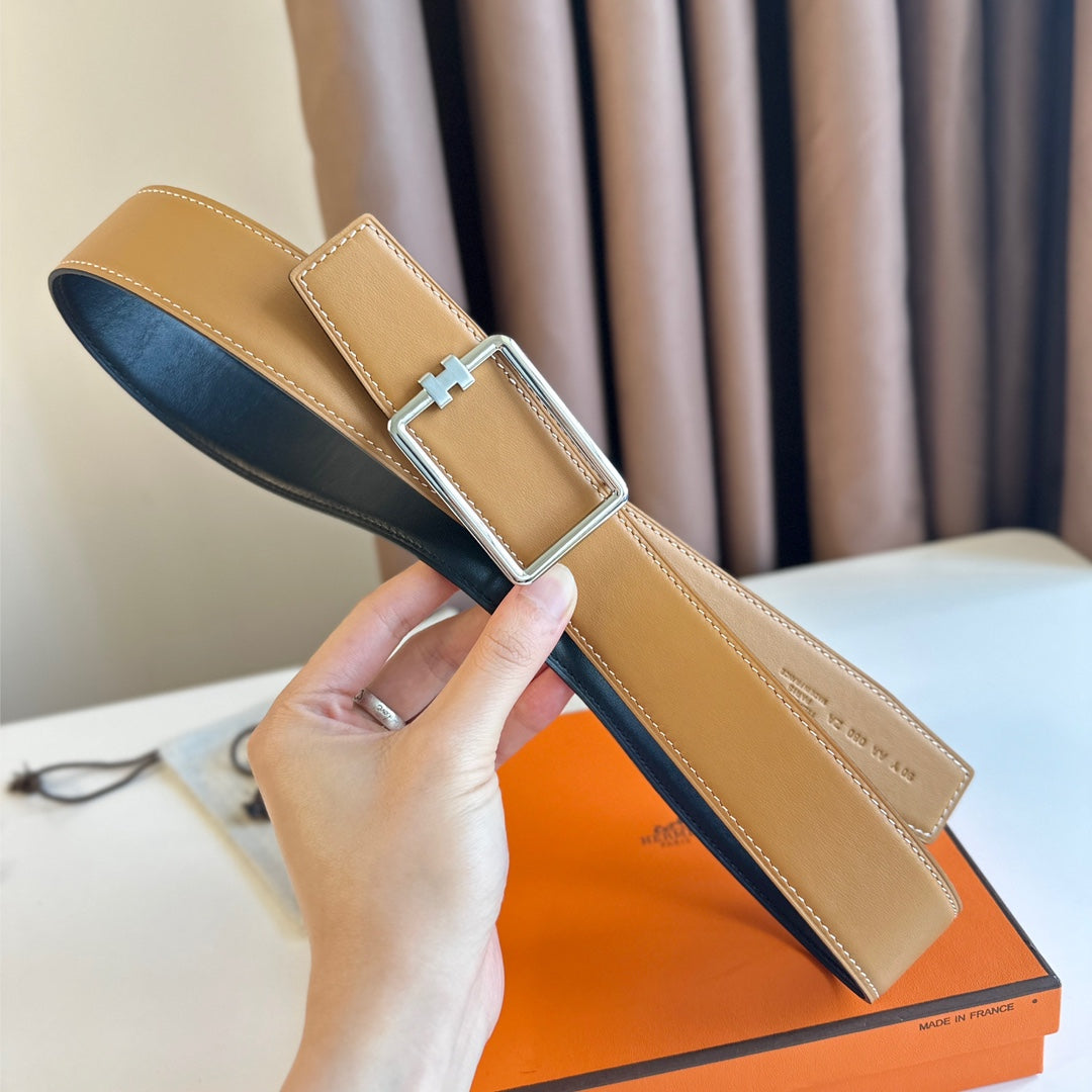 HERMES TUBE H BELT BUCKLE & REVERSIBLE PASTEL ORANGE AND BLACK LEATHER STRAP 38MM SILVER HARDWARE