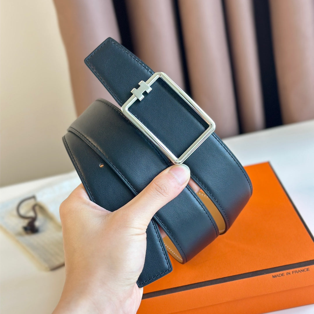 HERMES TUBE H BELT BUCKLE & REVERSIBLE PASTEL ORANGE AND BLACK LEATHER STRAP 38MM SILVER HARDWARE