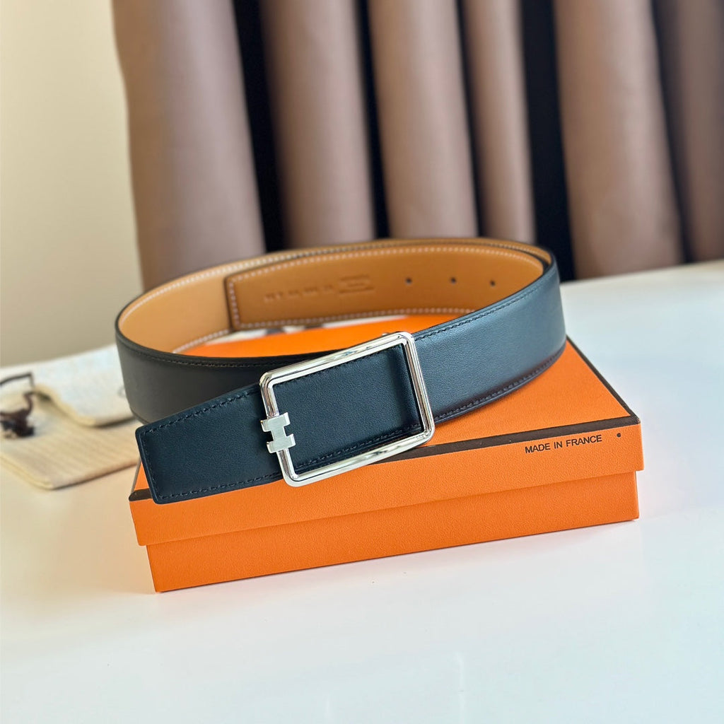 HERMES TUBE H BELT BUCKLE & REVERSIBLE PASTEL ORANGE AND BLACK LEATHER STRAP 38MM SILVER HARDWARE