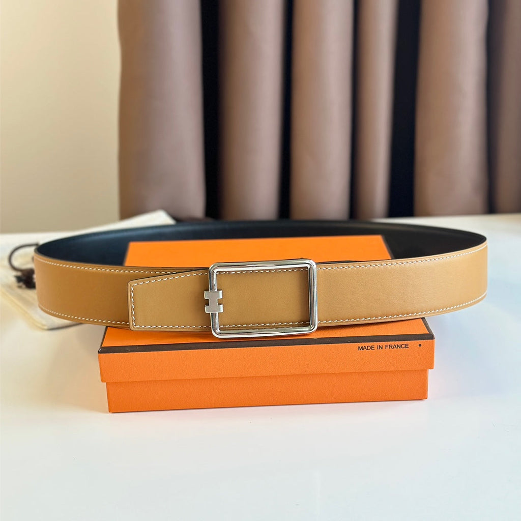 HERMES TUBE H BELT BUCKLE & REVERSIBLE PASTEL ORANGE AND BLACK LEATHER STRAP 38MM SILVER HARDWARE