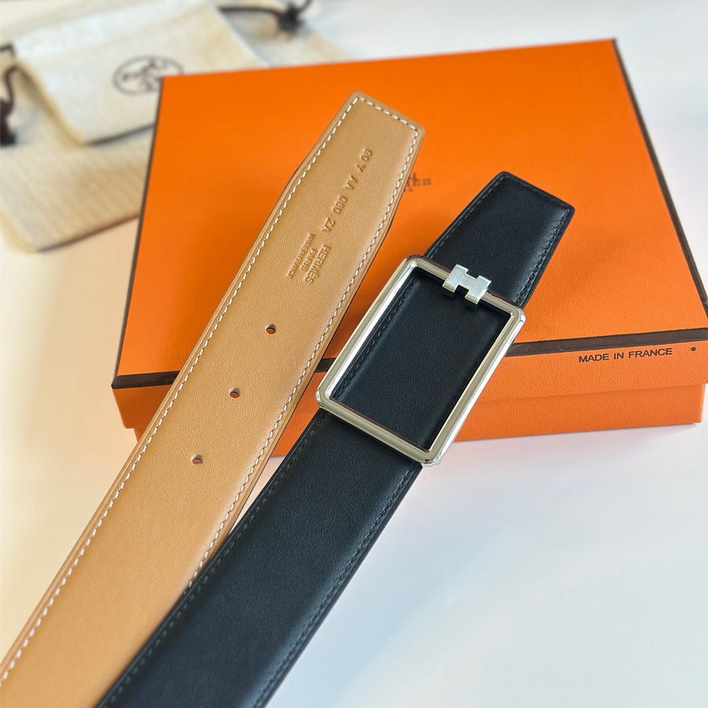 HERMES TUBE H BELT BUCKLE & REVERSIBLE PASTEL ORANGE AND BLACK LEATHER STRAP 38MM SILVER HARDWARE