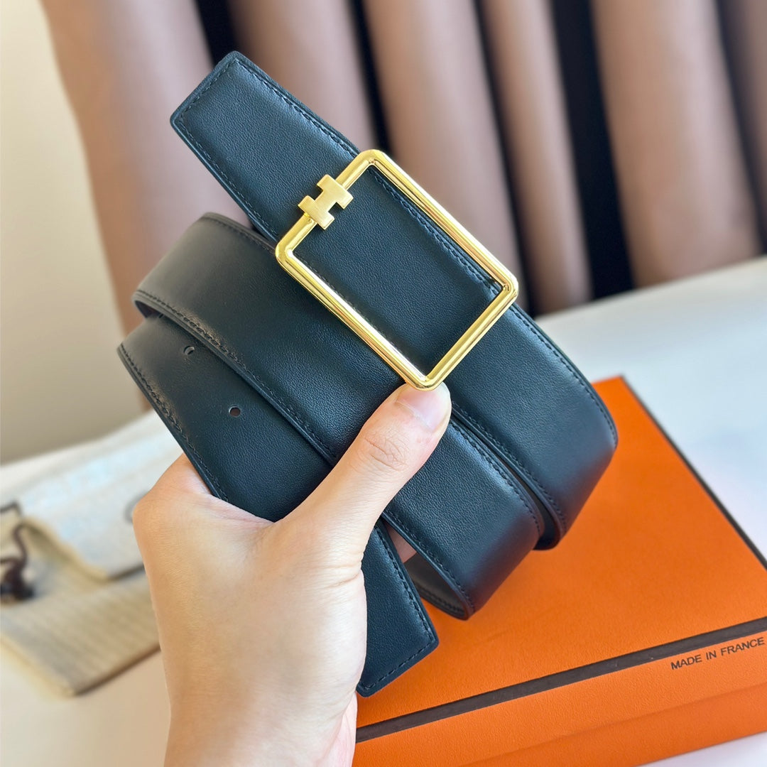 HERMES TUBE H BELT BUCKLE & REVERSIBLE BLACK LEATHER STRAP 38MM GOLD HARDWARE