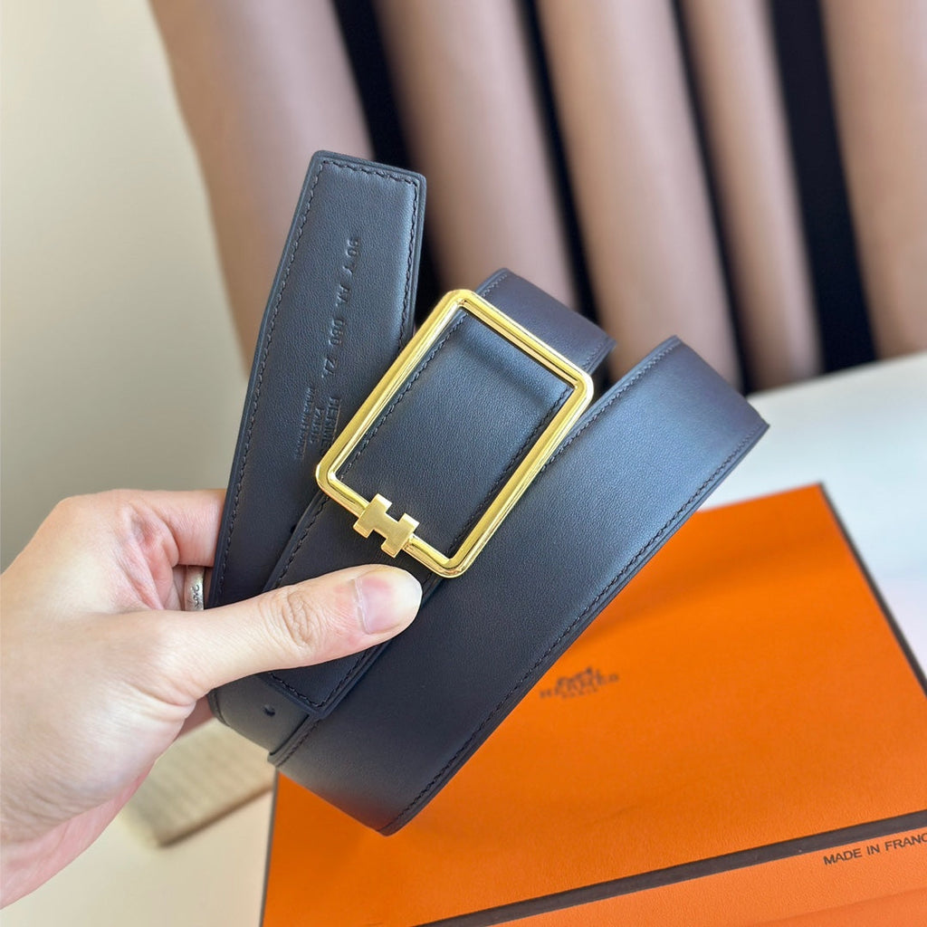 HERMES TUBE H BELT BUCKLE & REVERSIBLE BLACK LEATHER STRAP 38MM GOLD HARDWARE