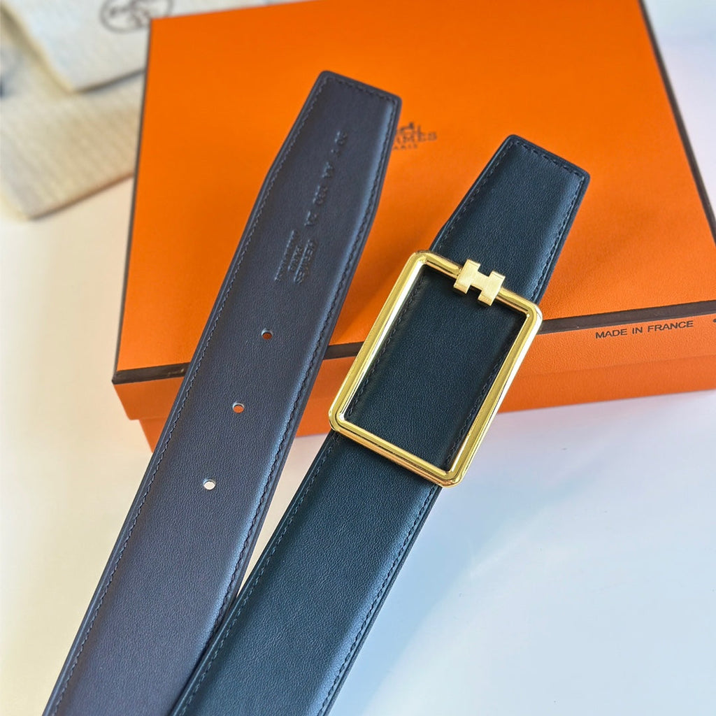 HERMES TUBE H BELT BUCKLE & REVERSIBLE BLACK LEATHER STRAP 38MM GOLD HARDWARE