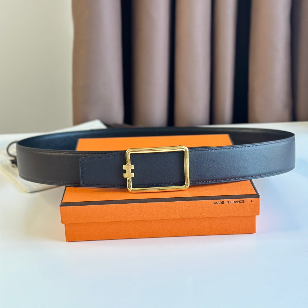 HERMES TUBE H BELT BUCKLE & REVERSIBLE BLACK LEATHER STRAP 38MM GOLD HARDWARE