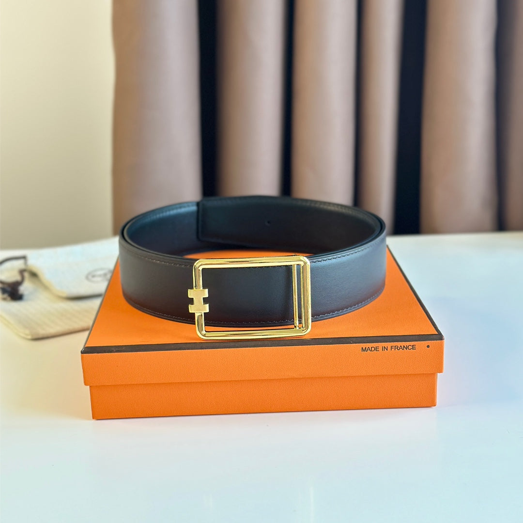 HERMES TUBE H BELT BUCKLE & REVERSIBLE BLACK LEATHER STRAP 38MM GOLD HARDWARE