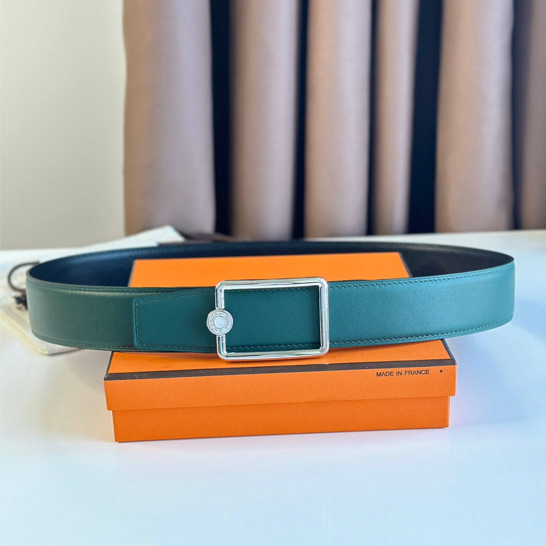 HERMES TUBE H BELT BUCKLE & REVERSIBLE TEAL GREEN AND BLACK LEATHER STRAP 38MM SILVER HARDWARE