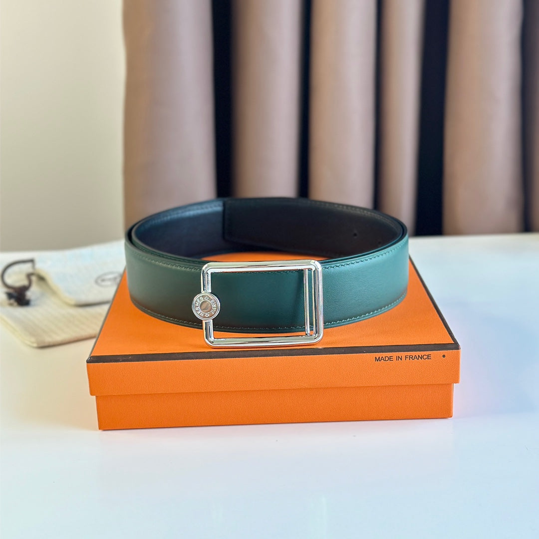 HERMES TUBE H BELT BUCKLE & REVERSIBLE TEAL GREEN AND BLACK LEATHER STRAP 38MM SILVER HARDWARE