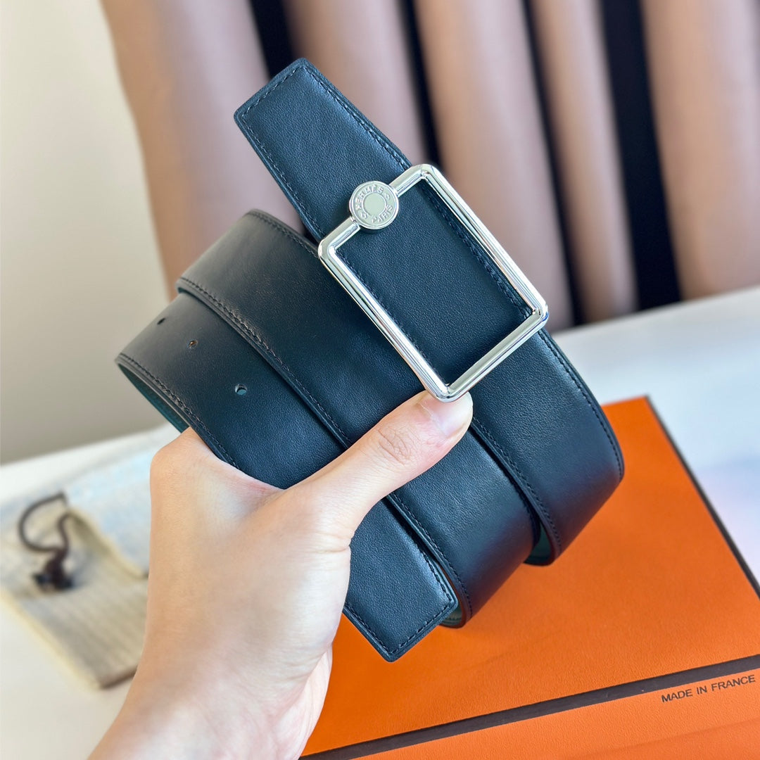 HERMES TUBE H BELT BUCKLE & REVERSIBLE TEAL GREEN AND BLACK LEATHER STRAP 38MM SILVER HARDWARE