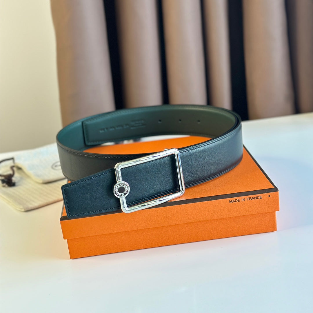 HERMES TUBE H BELT BUCKLE & REVERSIBLE TEAL GREEN AND BLACK LEATHER STRAP 38MM SILVER HARDWARE